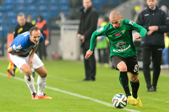 PIŁKA NOŻNA EKSTRAKLASA LECH POZNAŃ GÓRNIK ŁĘCZNA (Łukasz Trałka (L) i Filip Burkhardt (P) )