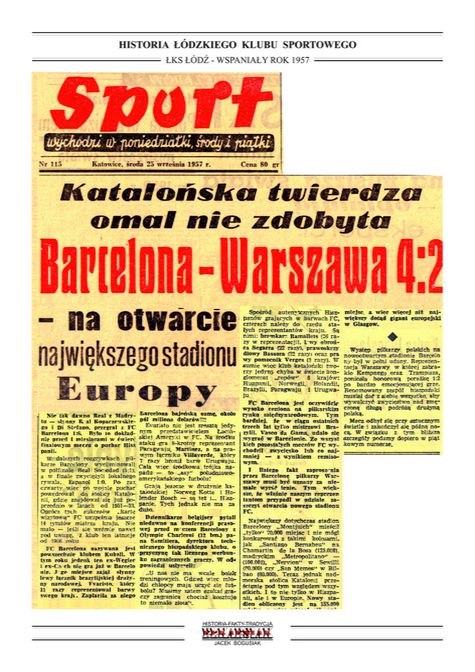Okładka katowickiego "Sportu" po meczu FC Barcelona - Reprezentacja Warszawy