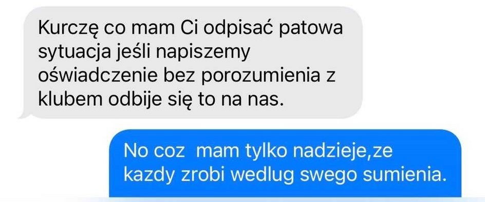 Wymiana esemesów pomiędzy żoną Patryka Małeckiego i piłkarzem Zagłębia Sosnowiec: