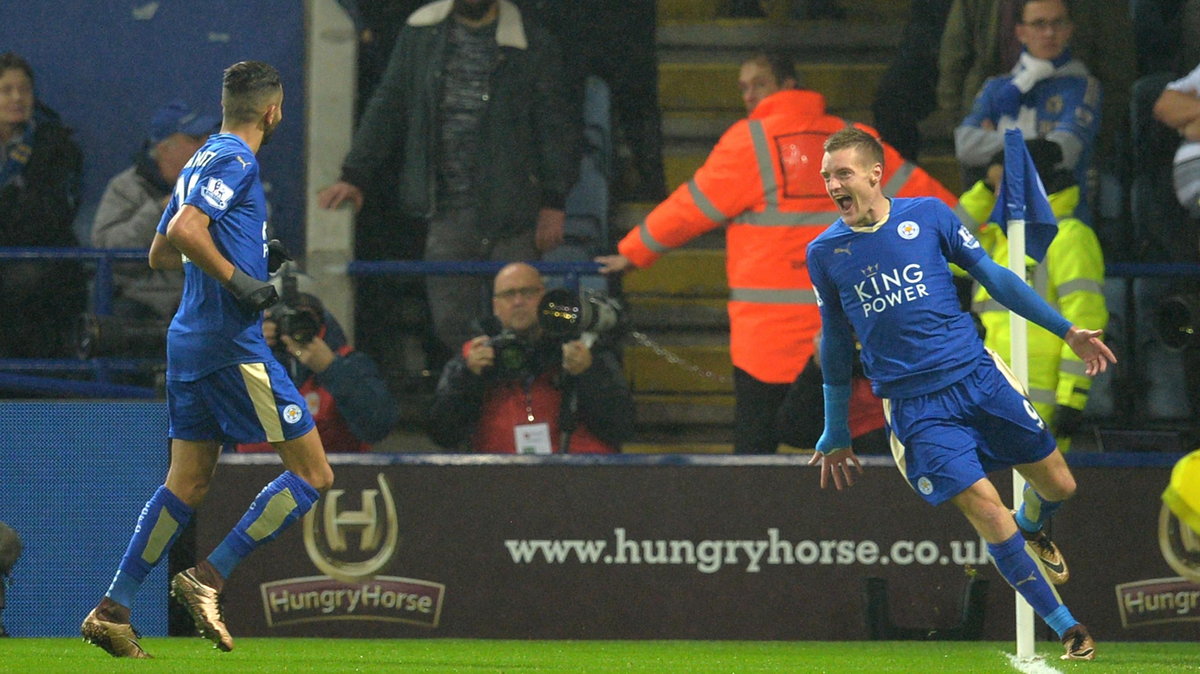 Jamie Vardy and Riyad Mahrez celebrate after scoring during the English Premier League football match between Leicester City and Chelsea