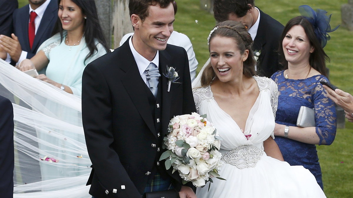 Tennis player Andy Murray leaves after his wedding to his fiancee Kim Sears in Dunblane, Scotland