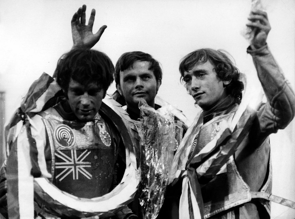 Finał IMŚ w 1973 roku. Od lewej I. Mauger, J. Szczakiel i Z. Plech