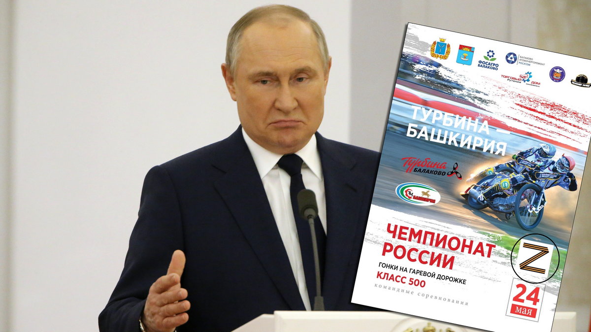 Władimir Putin oraz plakat promujący mecz żużlowy symbolem "Z"