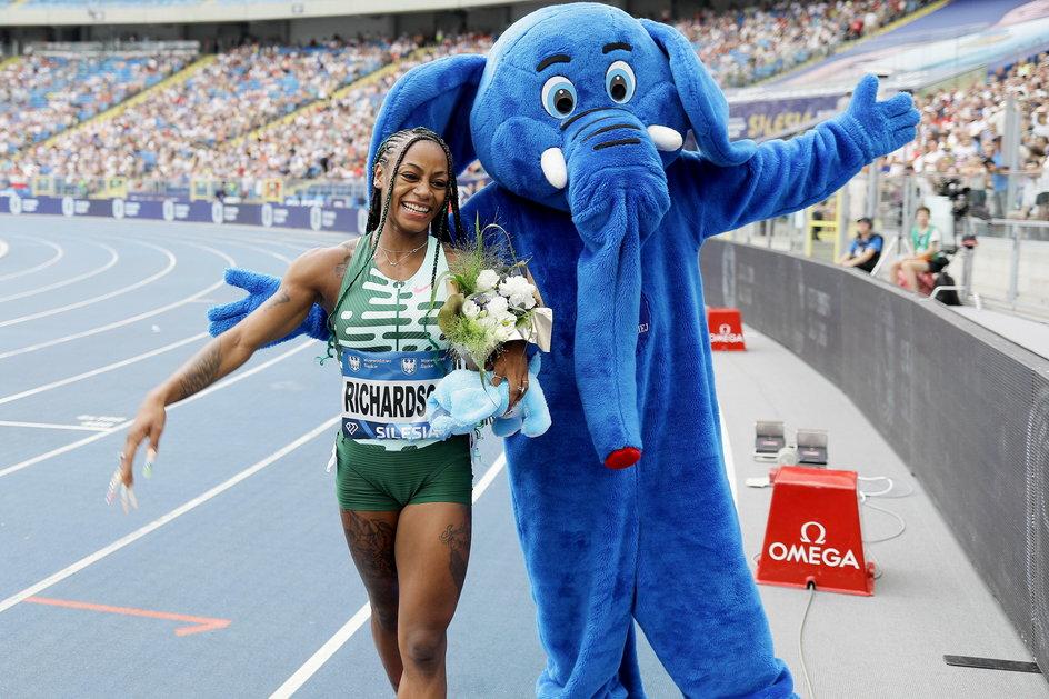 Sha'Carri Richardson po zwycięskim biegu na 100 m w Diamentowej Lidze w Chorzowie (10.76). Ewa Swoboda była trzecia (10.94)