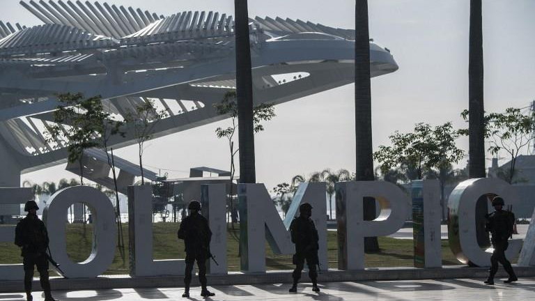 Brazilian marines stand guard at the Maua square in downtown Rio de Janeiro, Brazil