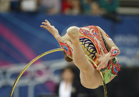 Soldatova performs during the individual qualification programme at the 31st European Rhythmic Gymnastics Championships in Minsk