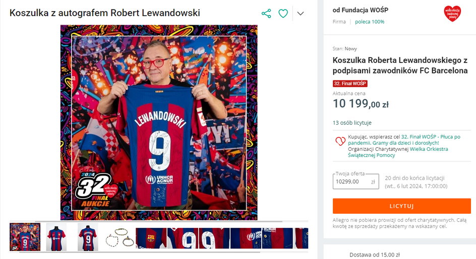 Robert Lewandowski przekazał na rzecz WOŚP koszulkę FC Barcelona