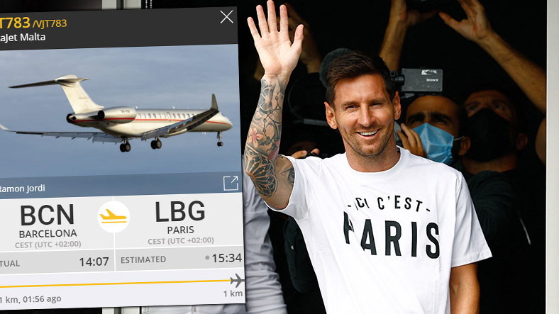 Lionel Messi na lotnisku w Paryżu (Flightradar24)