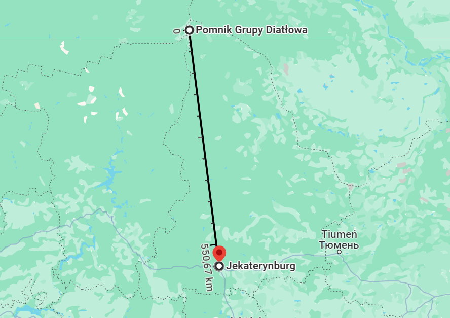 Odległość między Jekaterynburgiem a pomnikiem na cześć Grupy Diatłowa w Uralu