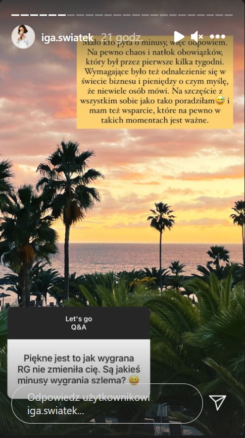 Screenshot z Instastory Igi Śwątek