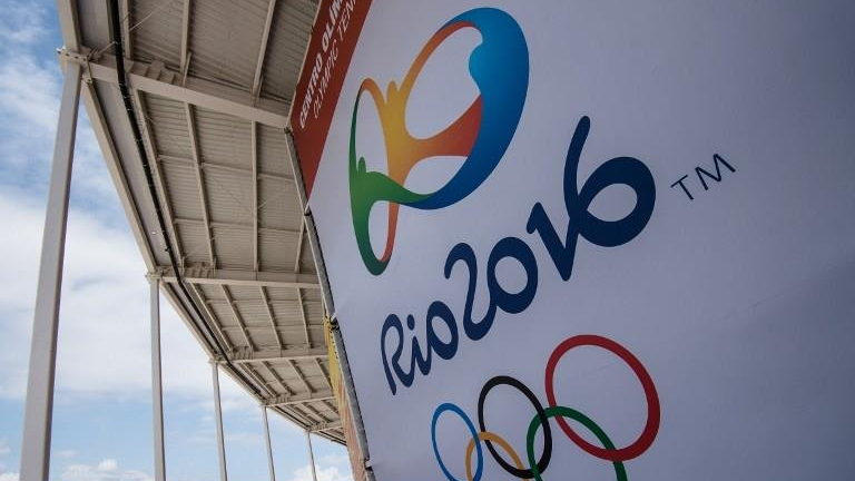 A banner with the Olympic logo for the Rio 2016 Olympic Games seen at the Olympic Tennis Centre of the Olympic Park in Rio de Janeiro