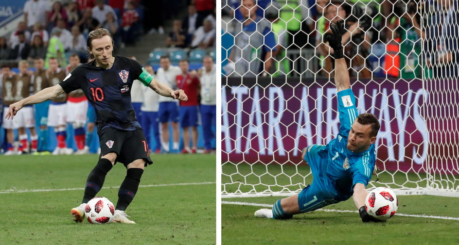 Luka Modrić vs Igor Akinfiejew w serii rzutów karnych ćwierćfinałowego meczu mistrzostw świata 2018 Rosja – Chorwacja. 