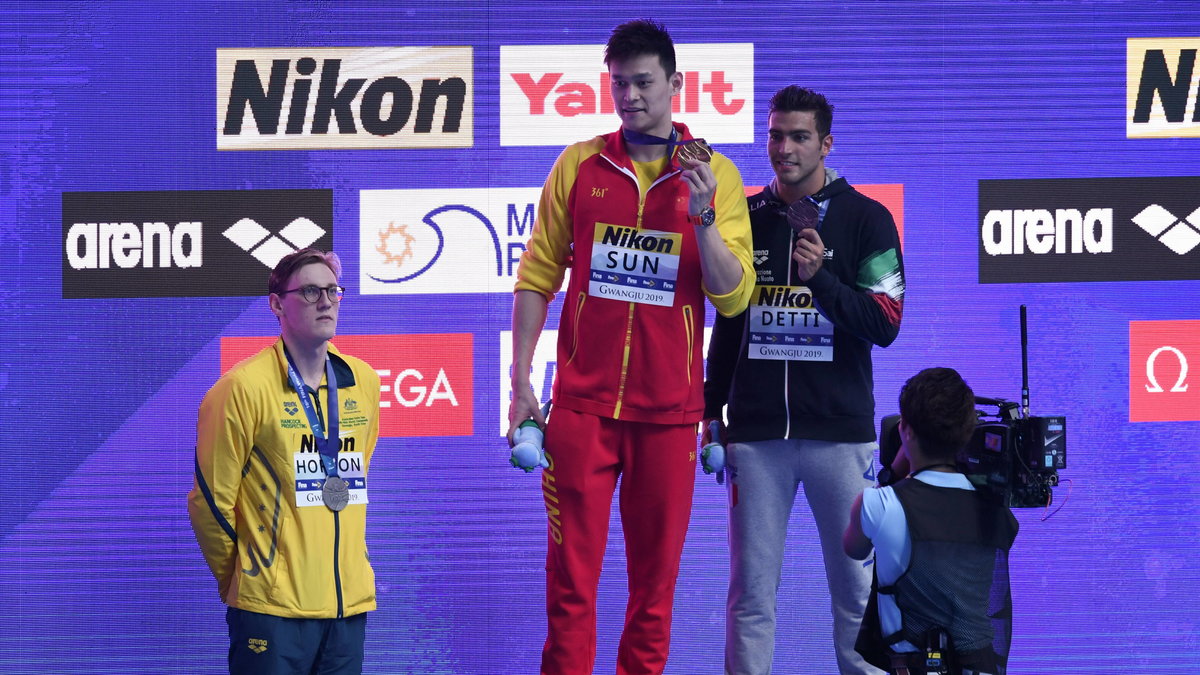 Od lewej: Mack Horton, Sun Yang, Gabriele Detti