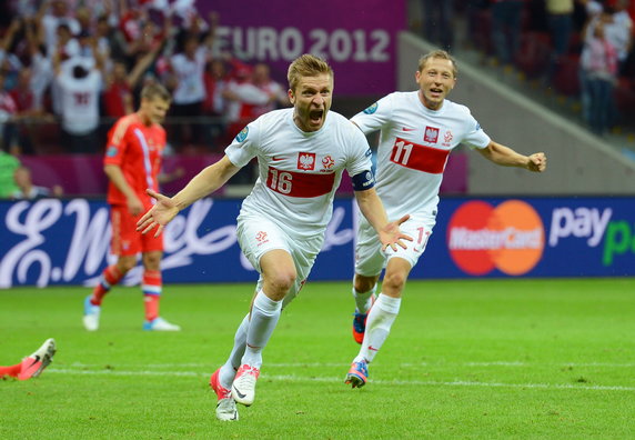 Jakub Błaszczykowski i Rafał Murawski świętują gola tego pierwszego z meczu z Rosją na ME 2012