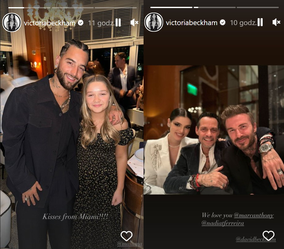 Po lewej: Harper Seven Beckham i Maluma Po prawej: Nadia Ferreira, Marc Anthony i David Beckham