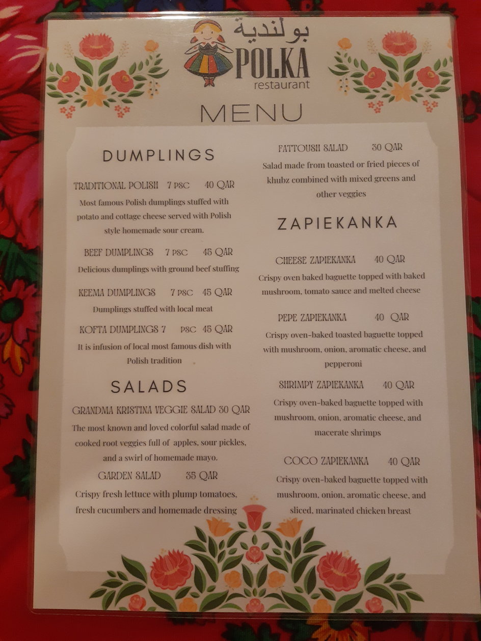 Menu w restauracji Polka