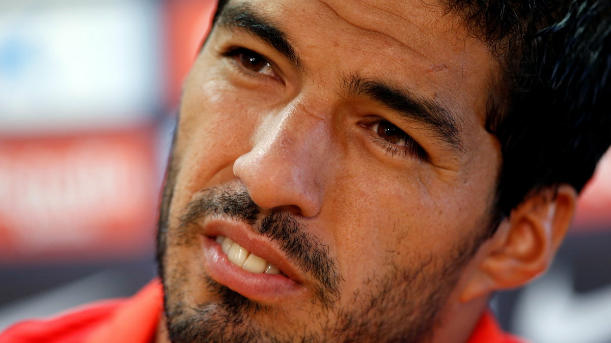 FC Barcelona's soccer player Luis Suarez attends a news conference at Joan Gamper training camp