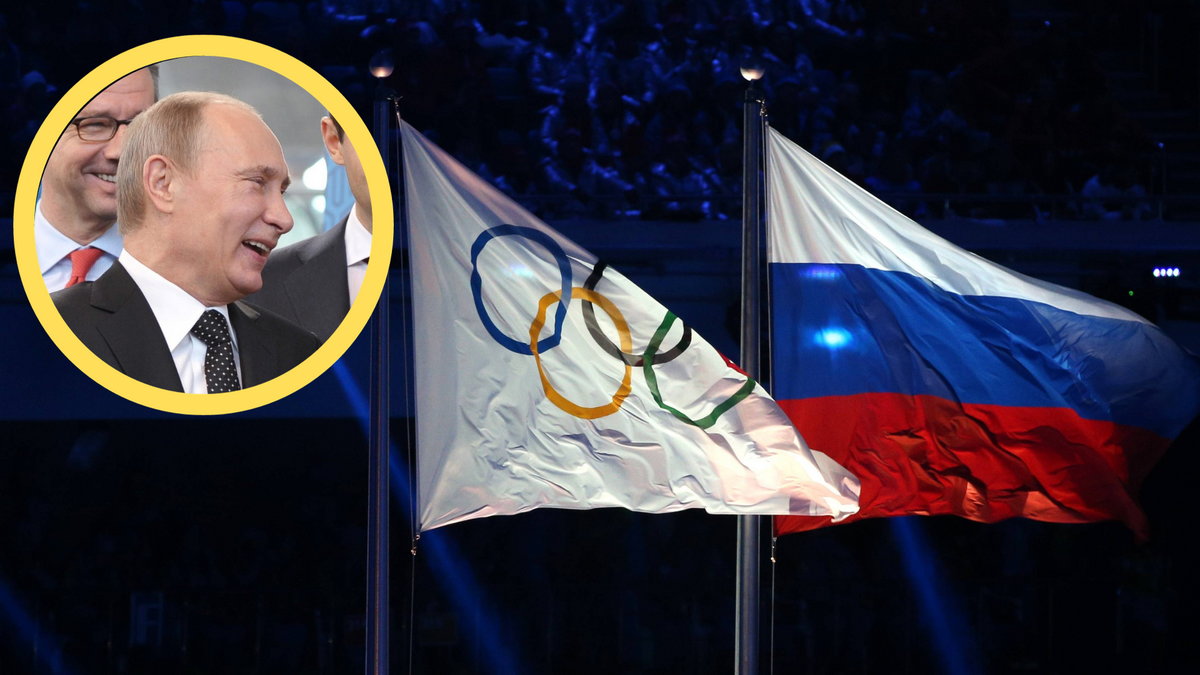 Flaga olimpijska obok flagi Rosji (w ramce Władimir Putin)