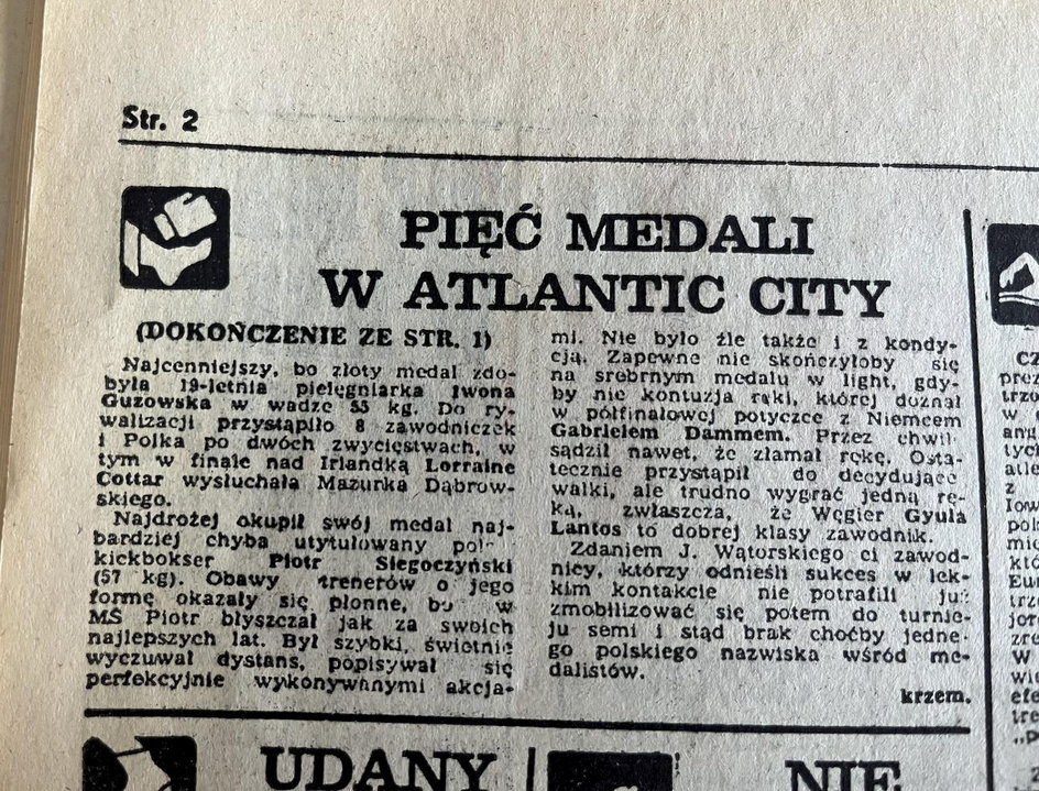 Tekst w "Przeglądzie Sportowym" kilka dni po mistrzostwach świata w kick-boxingu w Atlantic City. Rok 1993 