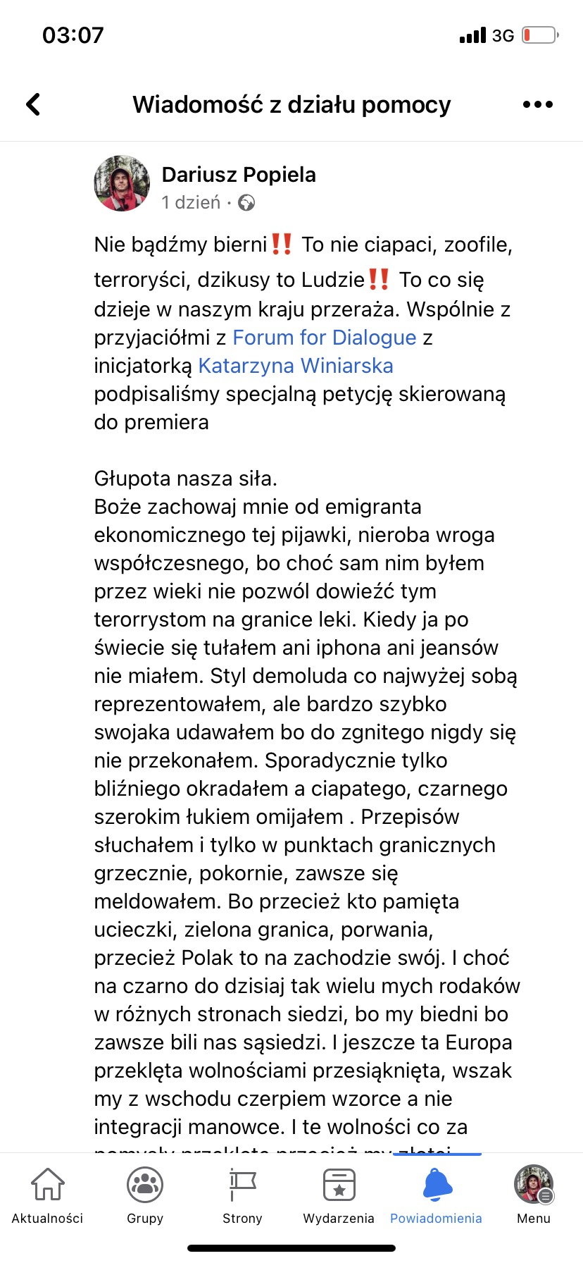 Zablokowany wpis Dariusza Popieli na Facebooku