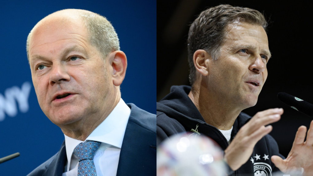 Kanclerz Niemiec Olaf Scholz (L) i dyrektor DFB Oliver Bierhoff (P)