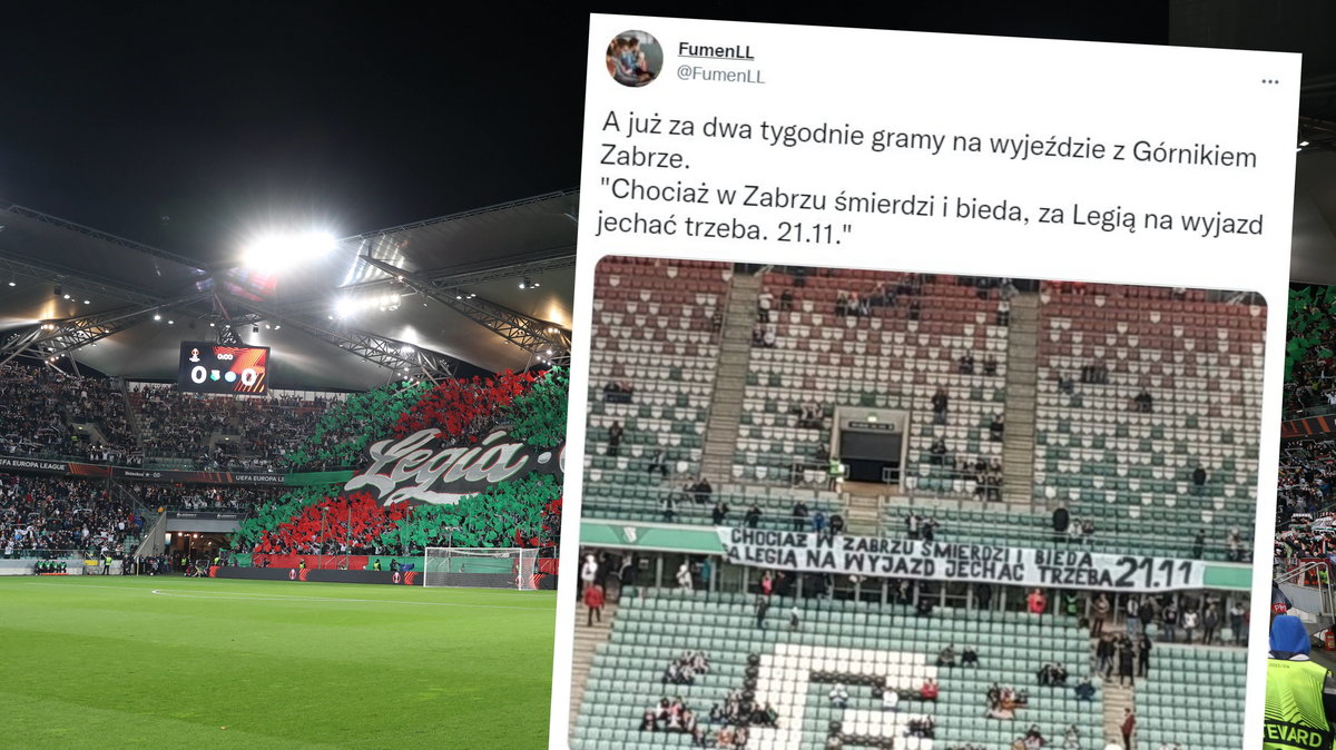 Transparent na stadione Legii Warszawa. Zdjęcie z Twittera @FumenLL