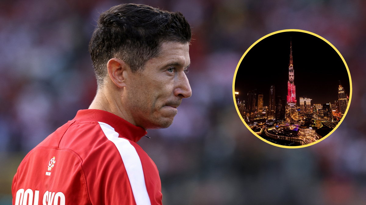 Robert Lewandowski i zdjęcie Mohameda Salaha wyświetlane na budynku Burdż Chalifa (screen: DaveOCKOP/Twitter)