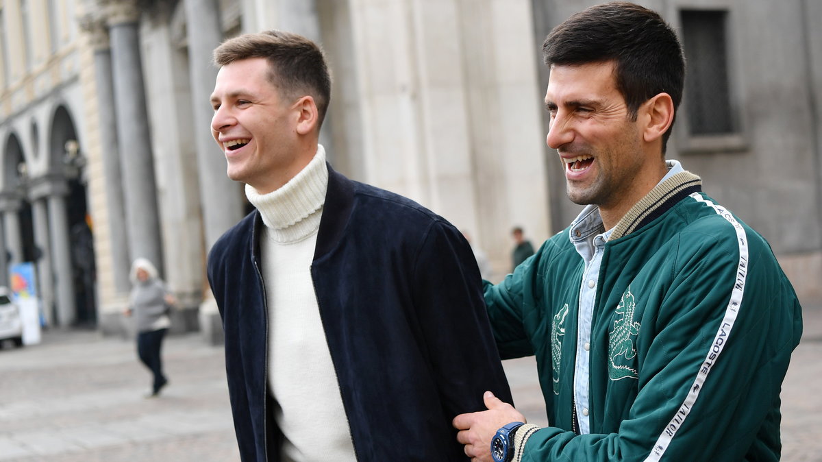 Hubert Hurkacz i Novak Djoković podczas spaceru w Turynie (Nitto ATP Finals)