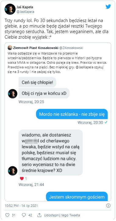 Rozmowa Jasia Kapeli i Ziemowita Kossakowskiego na Twitterze