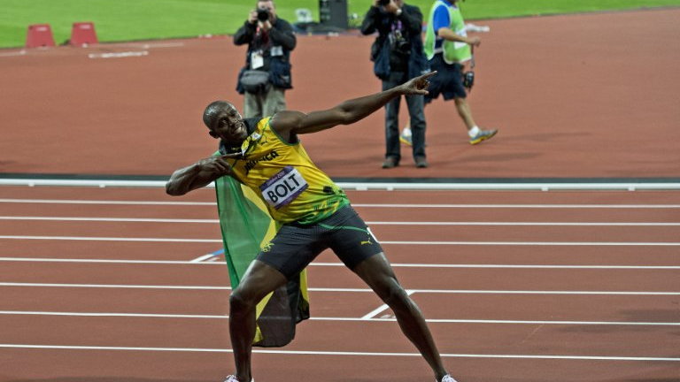 Usain Bolt po biegu na 100 metrów