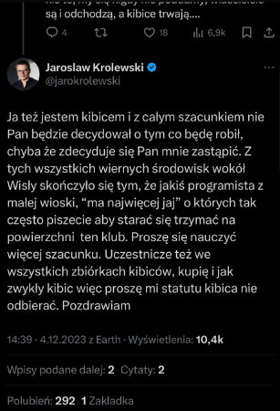 Wpis Jarosława Królewskiego na platformie X, który według Jarka Piszczka uderzał w kibiców Wisły