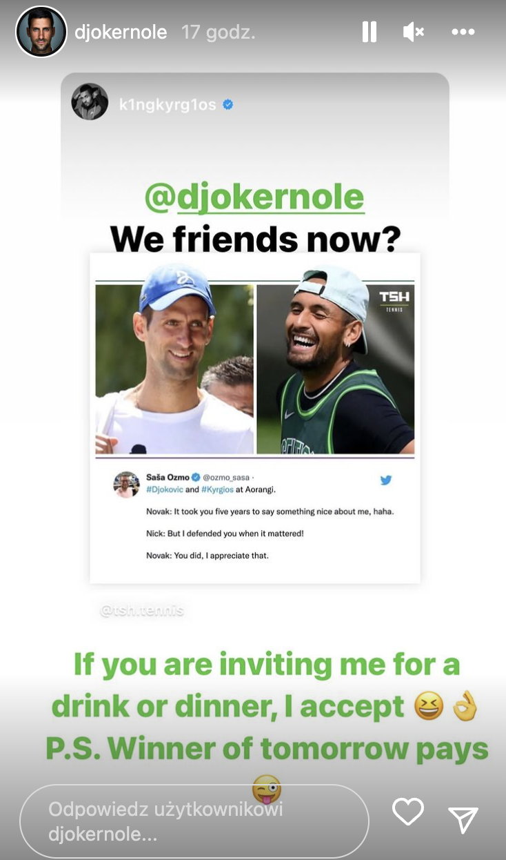 Novak Djoković i Nick Kyrgios wymienili kilka zabawnych zdań na Instagramie