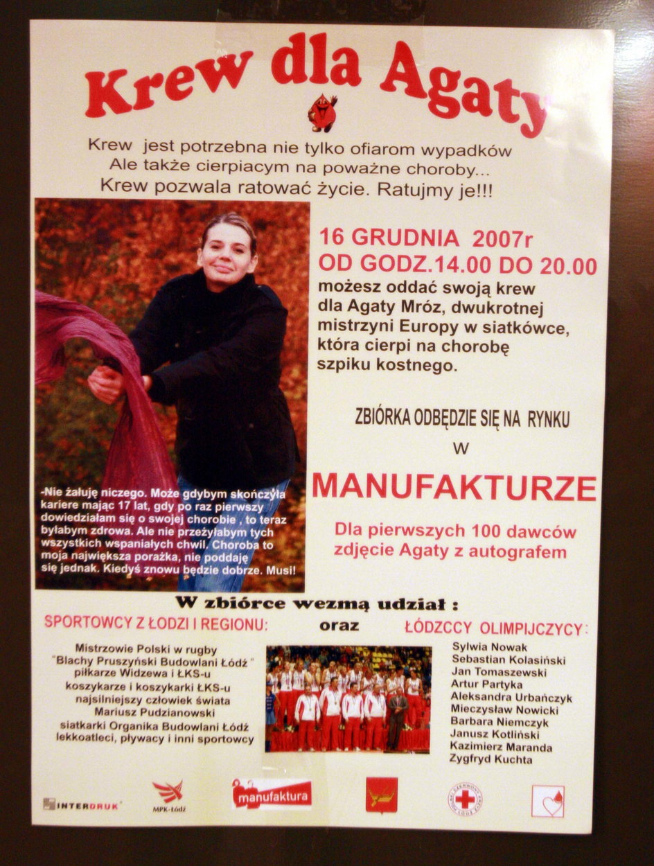 Plakat reklamujący zbiórkę krwi dla Agaty Mróz-Olszewskiej