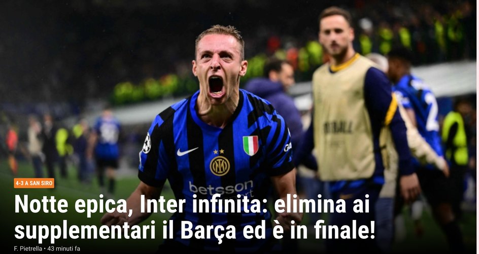An epic night, Inter towards infinity, after extra time eliminates Barcelona and is in the final – this is the title
