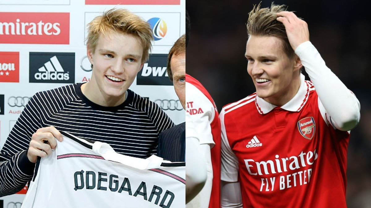 Martin Odegaard podczas prezentacji w Realu (z lewej) oraz w czasie meczu Arsenalu (z prawej)