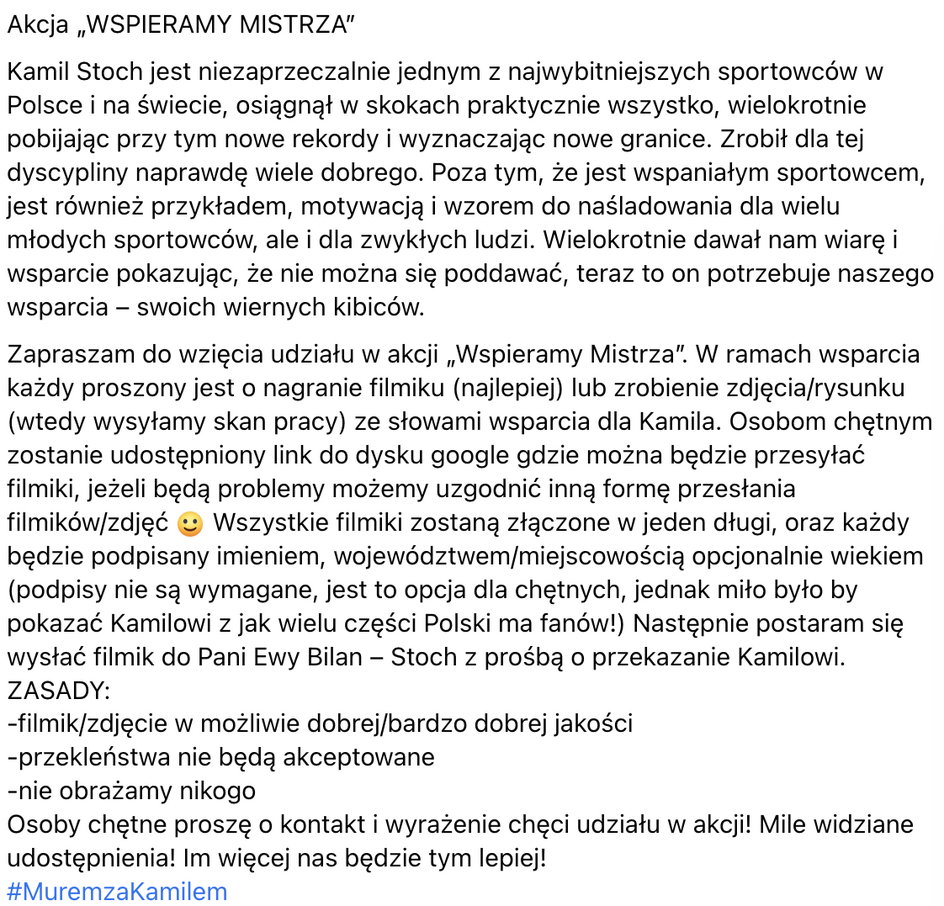 Dokładny opis akcji "Wspieramy Mistrza" (Facebook, Skoki narciarskie Polska :D)