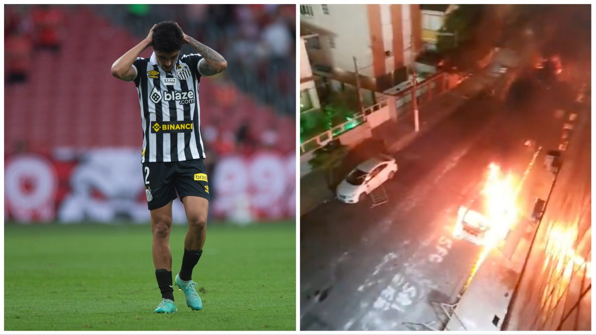 Piłkarz Santosu João Basso. Obok zamieszki pod stadionem