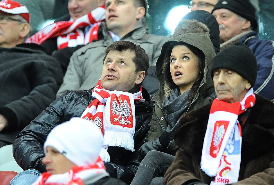 26.03.2013 Cezary Kucharski i Anna Lewandowska na meczu Polska - San Marino. Na Stadionie Narodowym w Warszawie biało-czerwoni wygrali wówczas 5:0, a Lewandowski strzelił dwa gole.