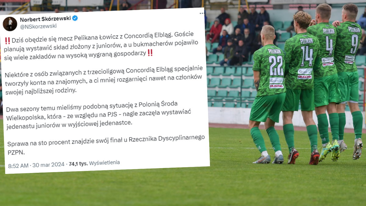 Wokół meczu Pelikan Łowicz - Concordia Elbląg powstało sporo kontrowersji (x.com/NSkorzewski)