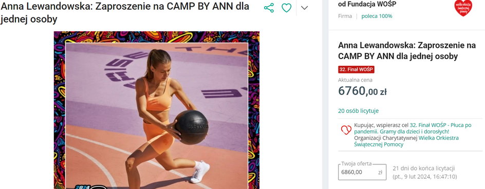 Anna Lewandowska na WOŚP przekazała zaproszenie na Camp by Ann