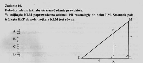 W trójkącie KLM poprowadzono odcinek PR równoległy do boku LM. Stosunek