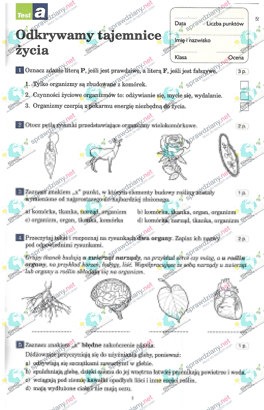 Test Przyroda Klasa 4 Dział 1 Czy miał ktoś test 4 klasa rozdział 6 czyli odkrywamy tajemnice życia