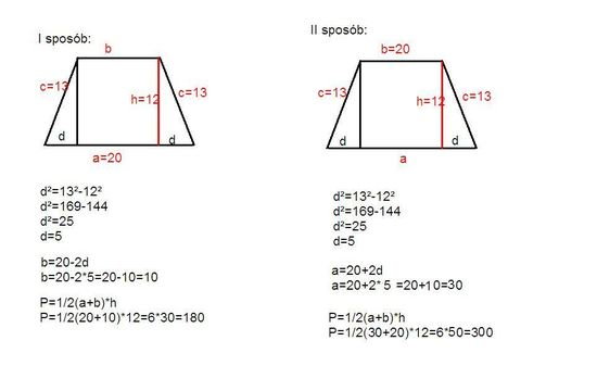Jedna z podstaw trapezu ma długość 20, każde z ramion ma długość 13, a