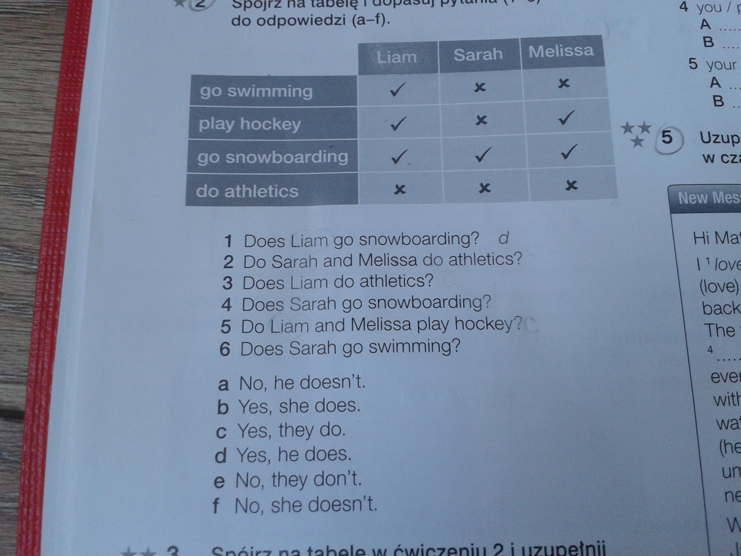 Spójrz na tabelę i dopasuj pytania (1-6) do odpowiedzi (a-f). Proszę o