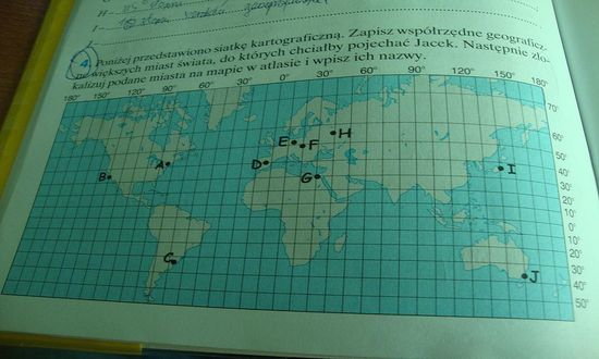 Poniżej przedstawiono siatkę kartograficzną.Zapisz wspólrzedne