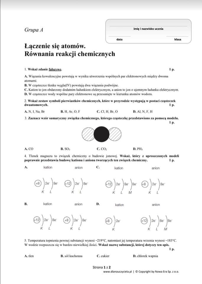 Sprawdzian Z Chemii Klasa 7 Odpowiedzi Zapytaj Onet Pl