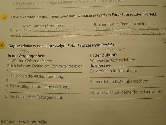 Napisz zdania w czasie przyszłym Futur I i przeszłym Perfect. – zadania
