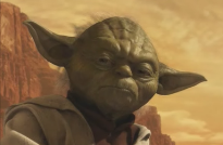 Yoda- niski, zielony stworek, najmądrzejsza postać z filmu, słynny ze swoich "pokręconych" w formie wypowiedzi, mistrz zakonu Jedi