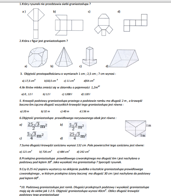 Zadania Graniastoslupy I Ostroslupy Klasa 8 Graniastosłupy,sprawdzian.Kto rozwiąże te zdania? – zadania, ściągi i testy – Zapytaj.onet.pl
