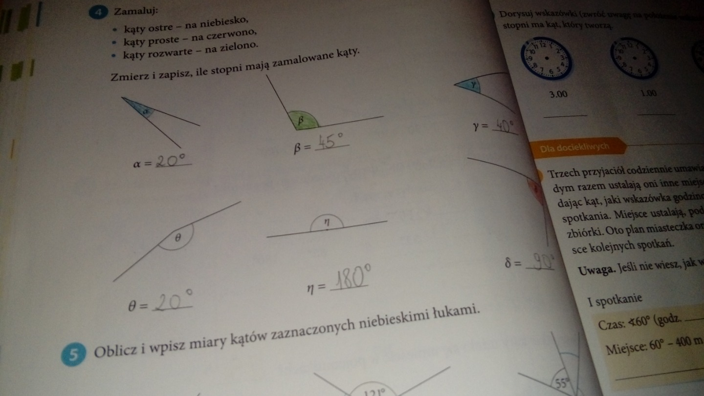 zamaluj: kąty ostre na niebiesko kąty proste na czerwono kąty rozwarte